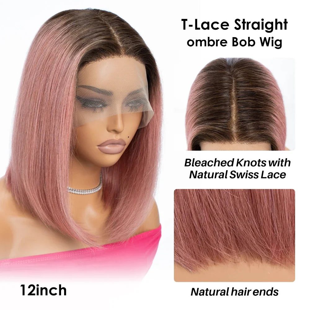 Sleek Ombre Pink Transparent Short T Lace Bob Human Hair Wigs Peruvian Straight 13x6x2 Lace Front Wig For Women Pre Plucked
