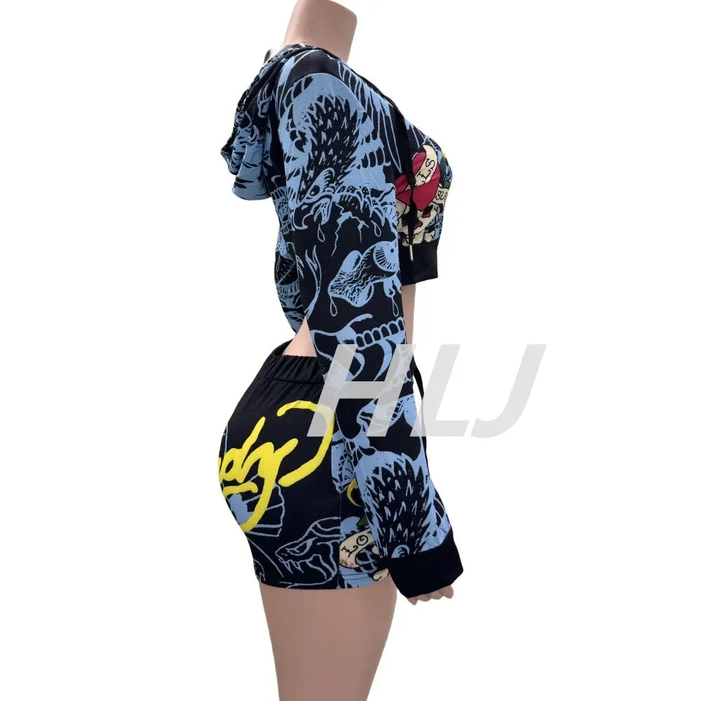 HLJ&GG Fashion Y2K Pattern Print Hooded Two Piece Sets Outfits Women Zipper Long Sleeve Crop Top And Shorts Tracksuit Streetwear