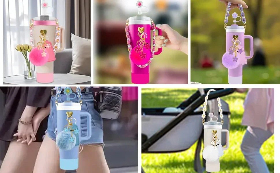 12PCS Accessories for Stanley Cup 30oz 40oz Tumbler Water Bottle Handle Strap Straw Toppers Keychain Charms Silicone Cup Boot