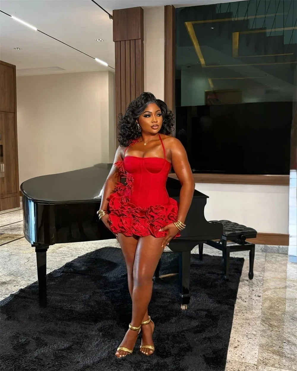 Red Short Prom Dresses For Black Girls Halter Ruffles African American Birthday Party Homecoming Cocktail Dresses Customized