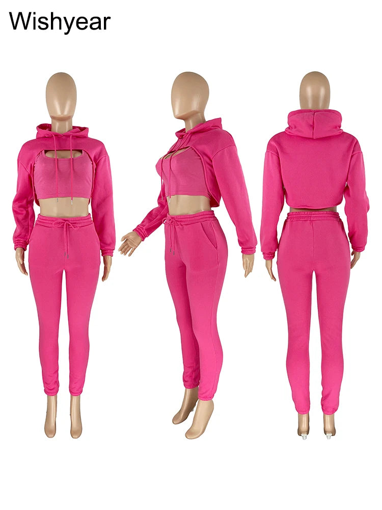 Tracksuit 3 Pieces Pants Sets for Women Velvet Hoodie Crop Tops+Vest+Sweatpants Matching Suit Sport Jogger Winter Fall Outfits