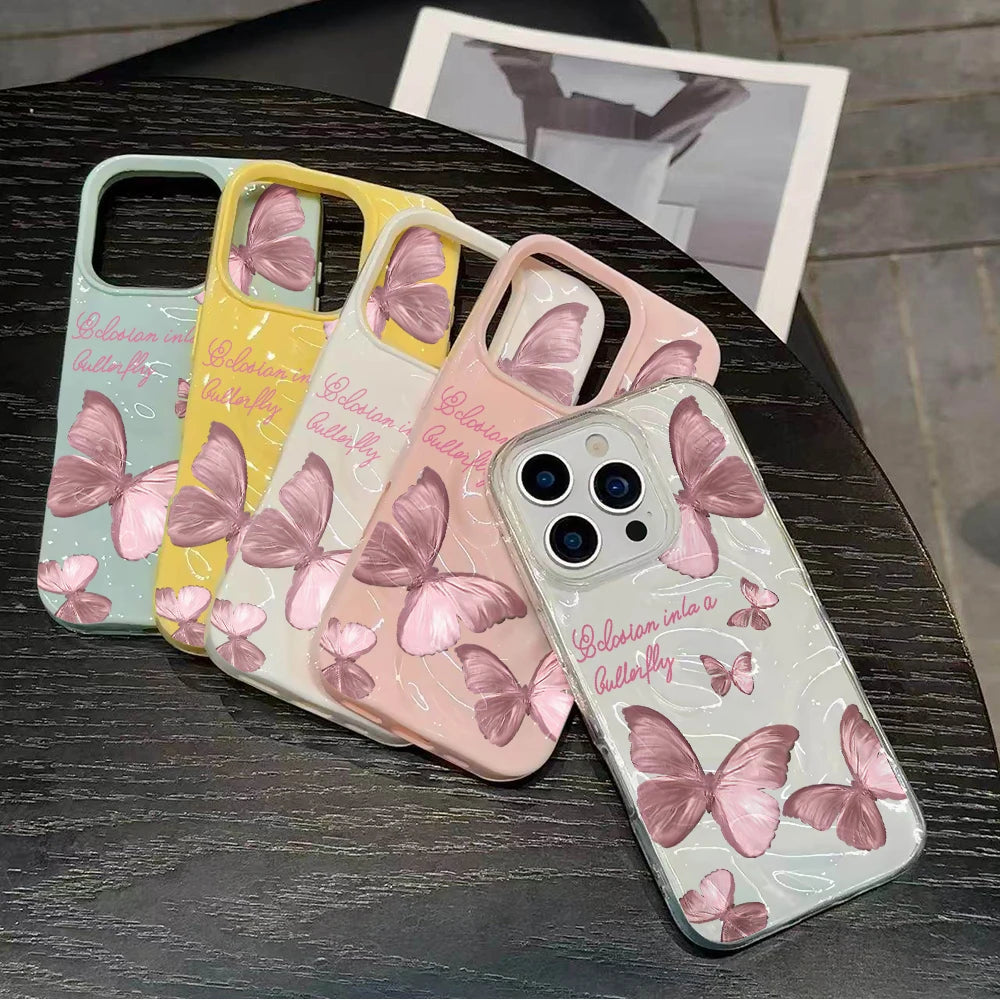 Luxury Butterfly Pattern Candy Color Phone Case For iPhone 17 Pro Max 16 17 14 13 Pro Max 13 12 11 Plus ShockProof Fashion Cover