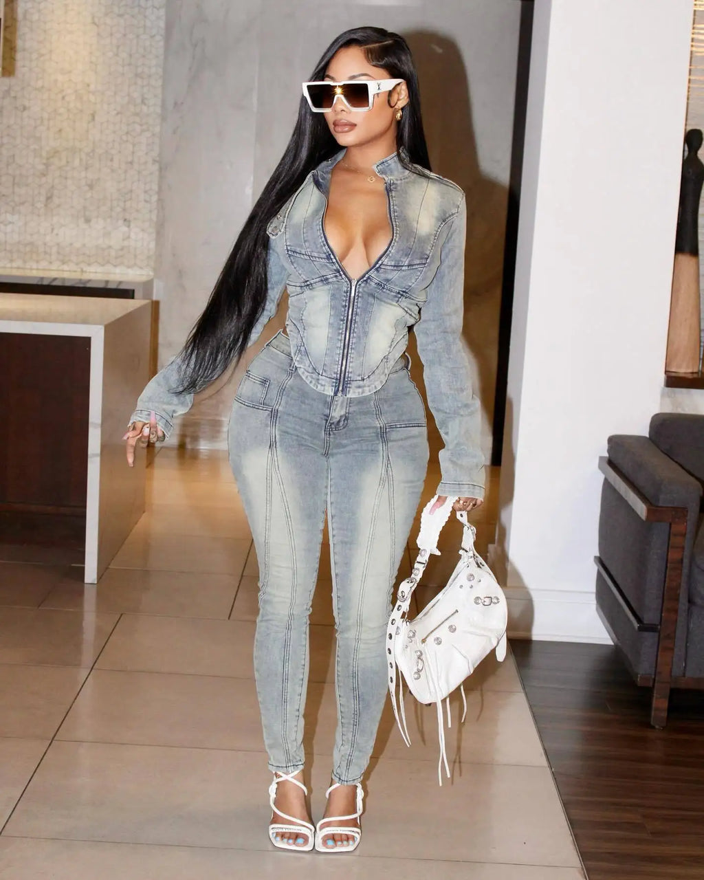 Denim Pant Set Women Two Piece Sets Matching Sets Zipper Short Tops Coats Long Pants High Waist Slim Fit Y2k Streetwear 2025
