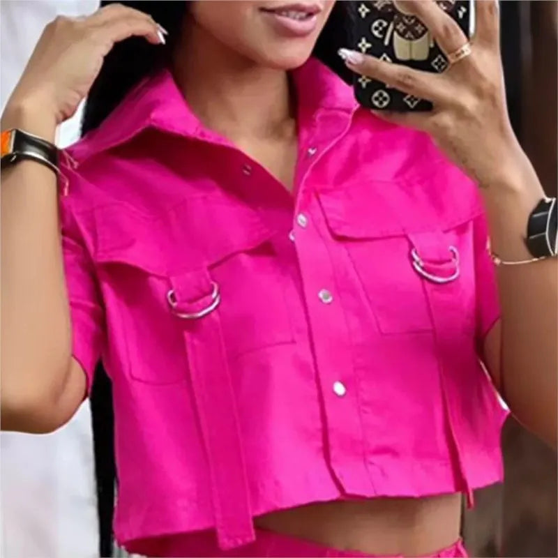 Two Piece Set Women Outfit 2024 Summer Short Sleeve Turn-Down Collar Buttoned Crop Top Casual Pocket Design Vacation Pants Set