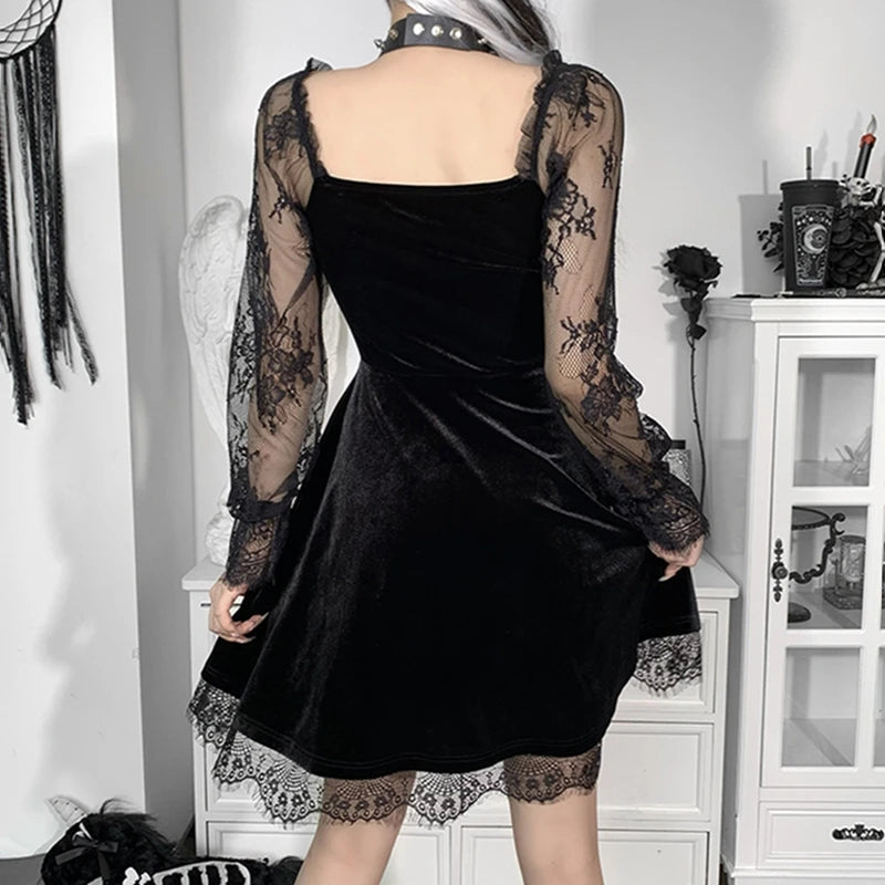 Women's Dress Gothic Style Female Dress Solid Color Lace Stitching V-Neck Long Flare Sleeve Party Clubwear For Ladies Y2k