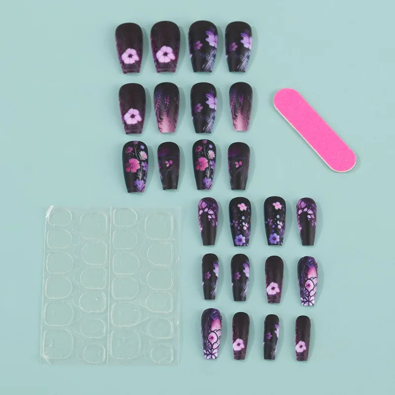 24PCS Dark Luxury Purple Floral Press on Nails with Square European Hand Painted Vintage Cherry Blossoms Artistic False Nails 네일