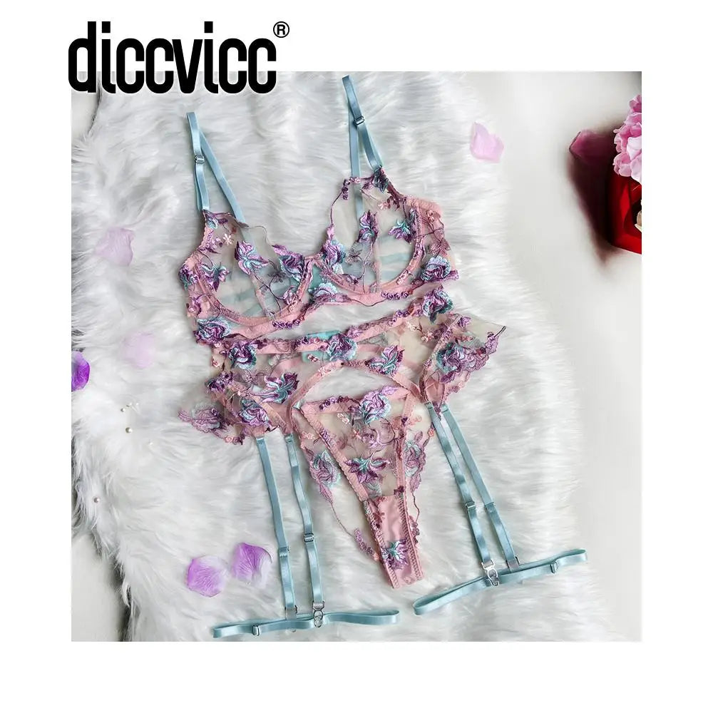 Diccvicc Embroidery Floral Lingerie See Through Sexy Lace Women Underwear Bra Thong Set Fancy Garter Intimate Kit Exotic Outfit