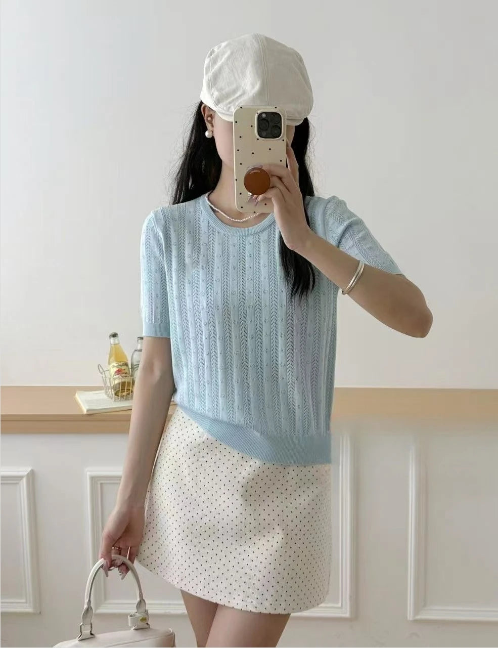 shintimes Short Sleeve Knitted T-shirt For Women O Neck Solid Pullover Tops Female Hollow Out Fashion Thin Tshirts Summer