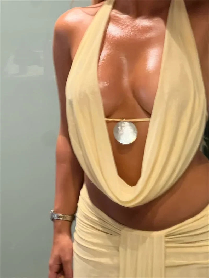 Sexy Dress Set Women Halter Crop Top And Maxi Skirt Matching Sets Female Elegant Beach Club Party Skirt Two Piece Set
