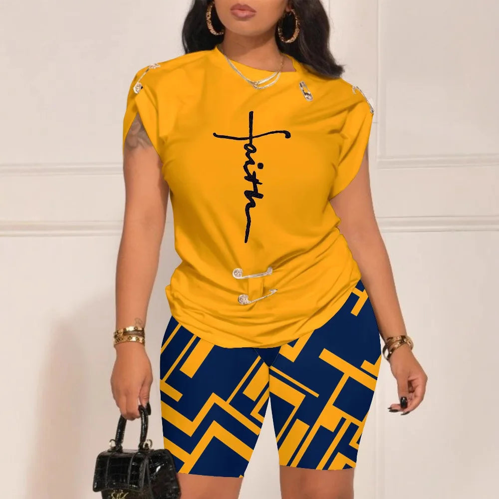 Women Leisure Pin Digital Printing Set O Neck Short Sleeve T-shirt And Shorts 2 Pieces Sets Summer Top + Short Pant 2 PCS Suits