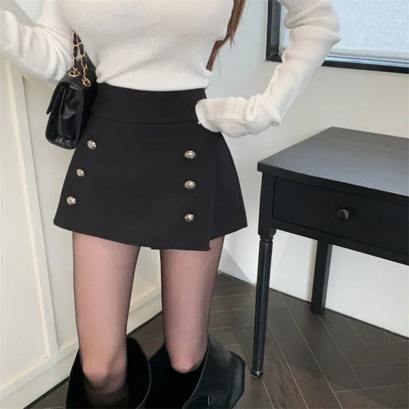 Double-Breasted Simple Woolen A-Line Mini Skirt Women's Autumn Winter Sexy Bodycon Short Pants Versatile High Waist Skirt