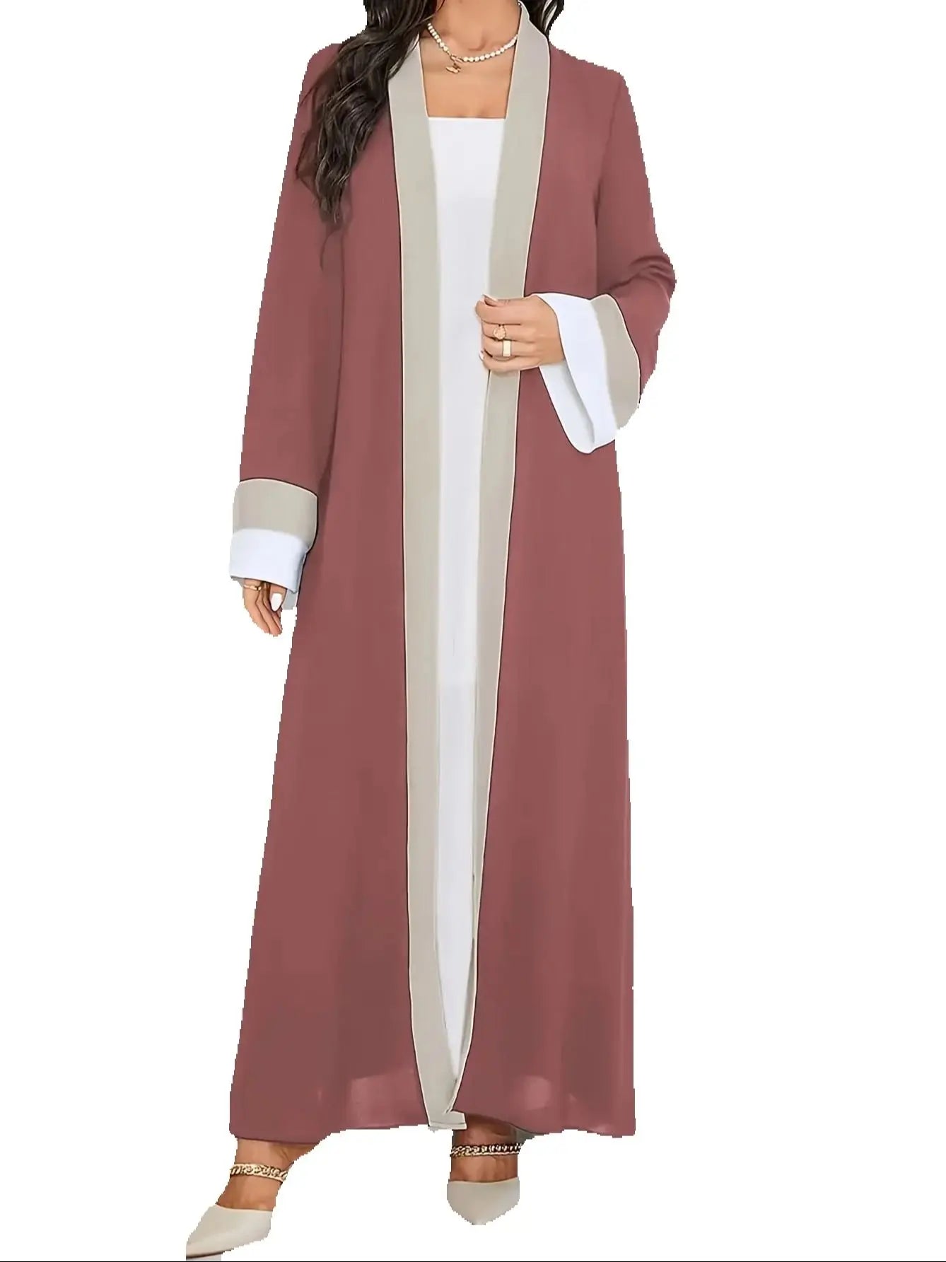 2026 Women's Casual Ramadan Open Front Long Sleeve Dress, Elegant Color Contrasting Slim Fit Extra Long Dress, Women's Wear  1
