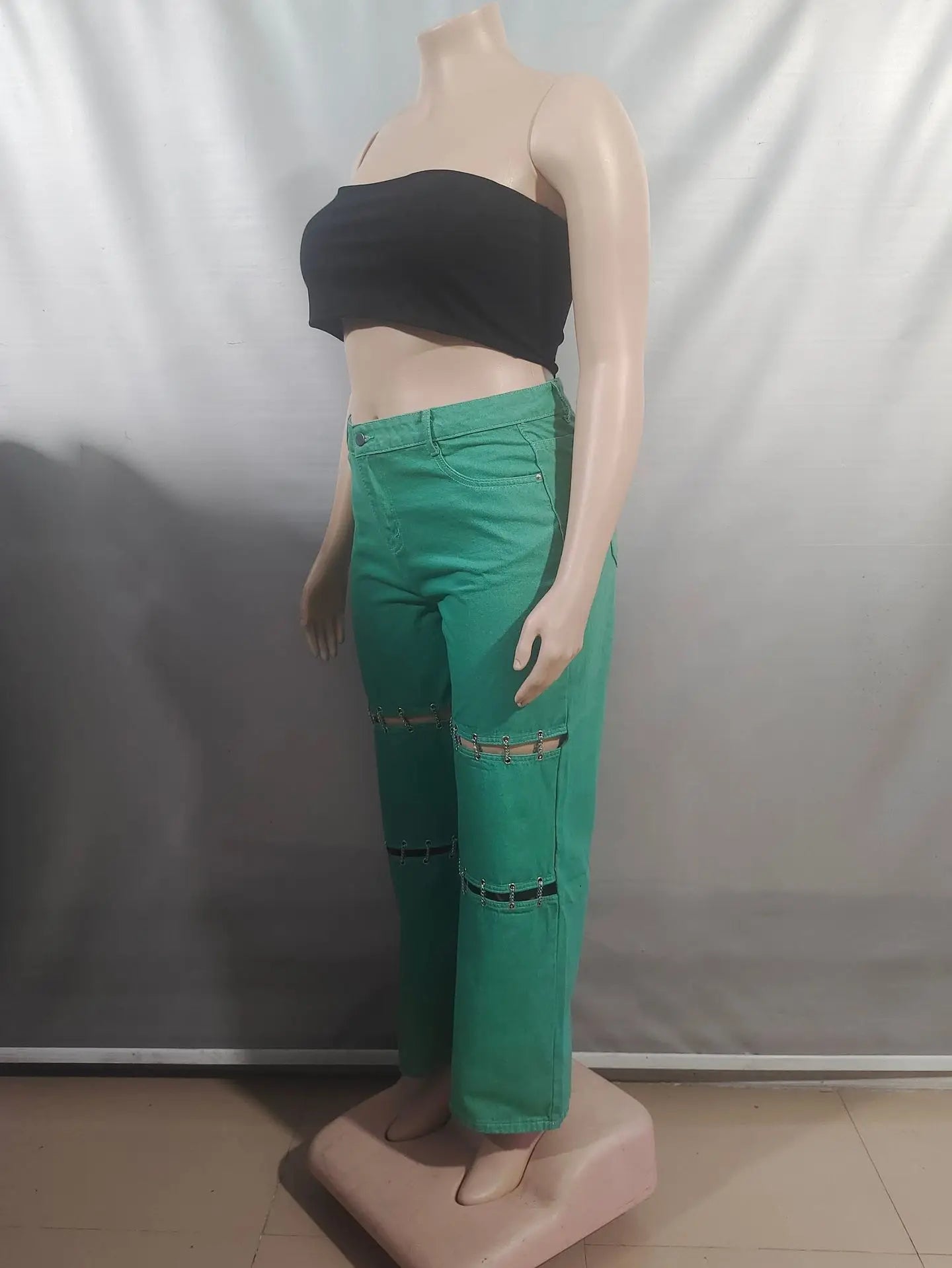 High Waist Green Ripped Chain Decoration Patchwork Wide Leg Denim Pants Women Fashion Casual Personality Trendy Long Trousers