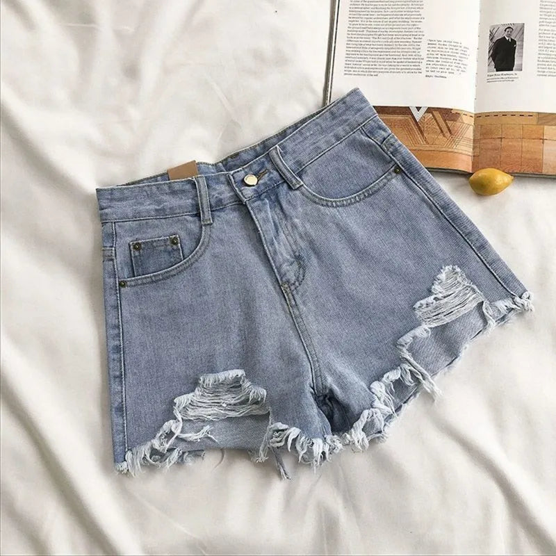 Korean Denim Shorts Women Summer Fashion Casual High Waist Ripped Jeans Pocket Tassel Hot Pants Streetwear Blue Trousers