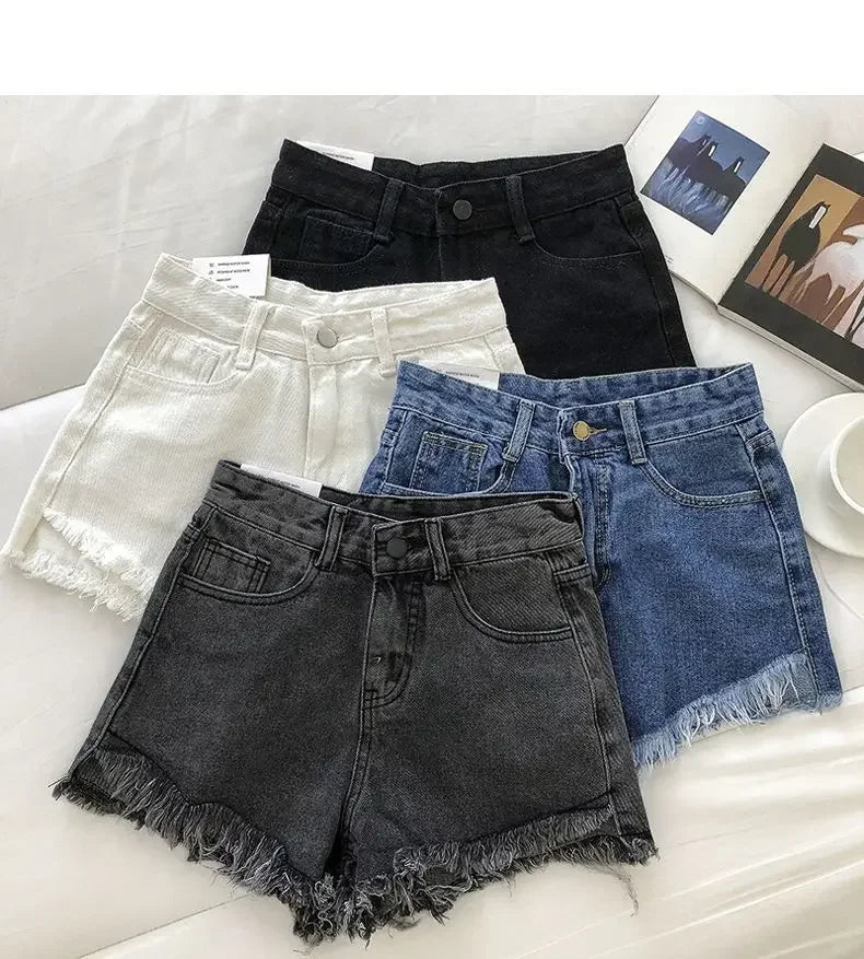 2026 New Summer Women High Wiast Raw Hem Denim Shorts Soild White Black Blue Korean Wide Leg Pants Mon Shorts  Jean Shorts