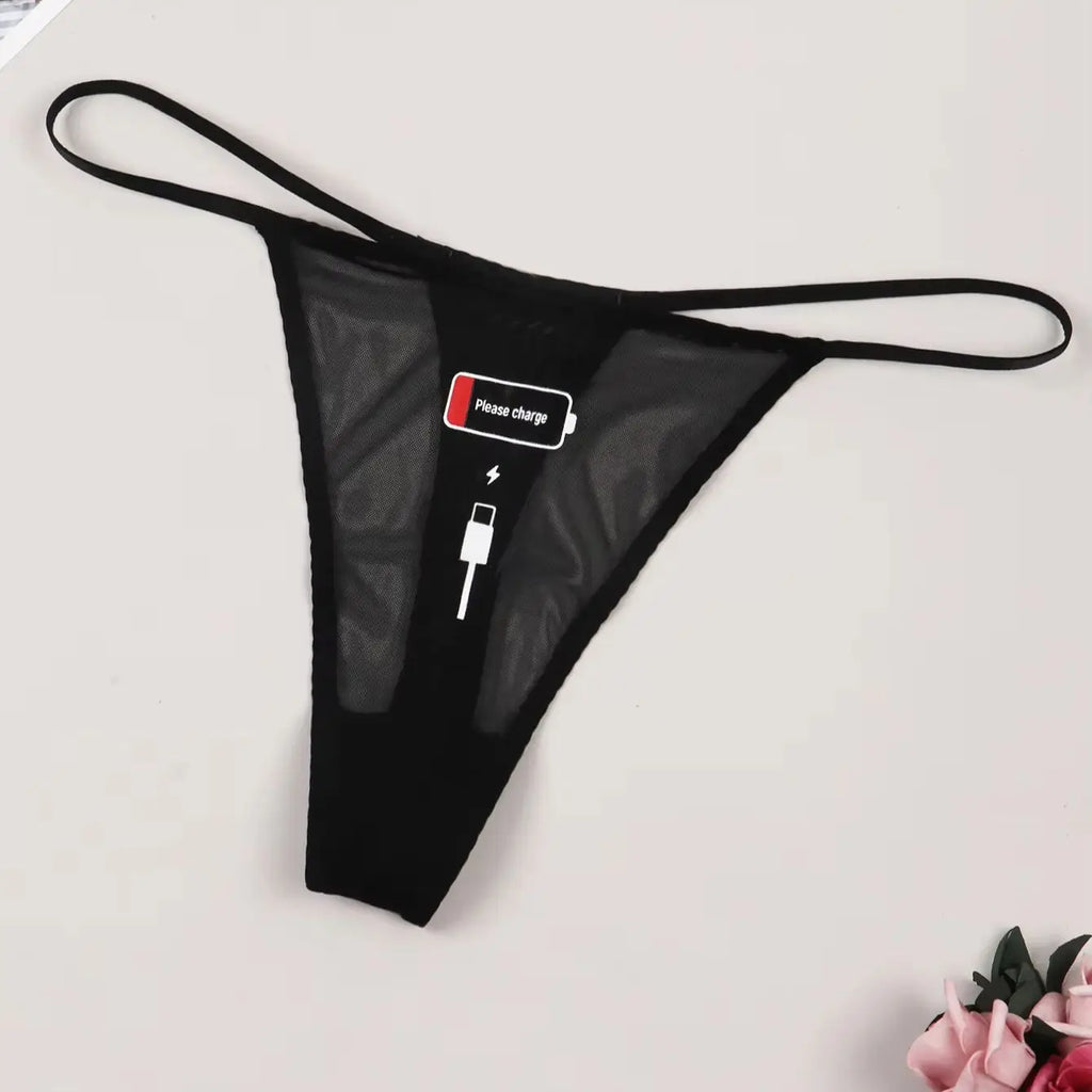 Varsbaby Letter Print Thong Sexy Transparent G-String with Please Charge Print Underwear Women Mesh Ultra-thin Panty