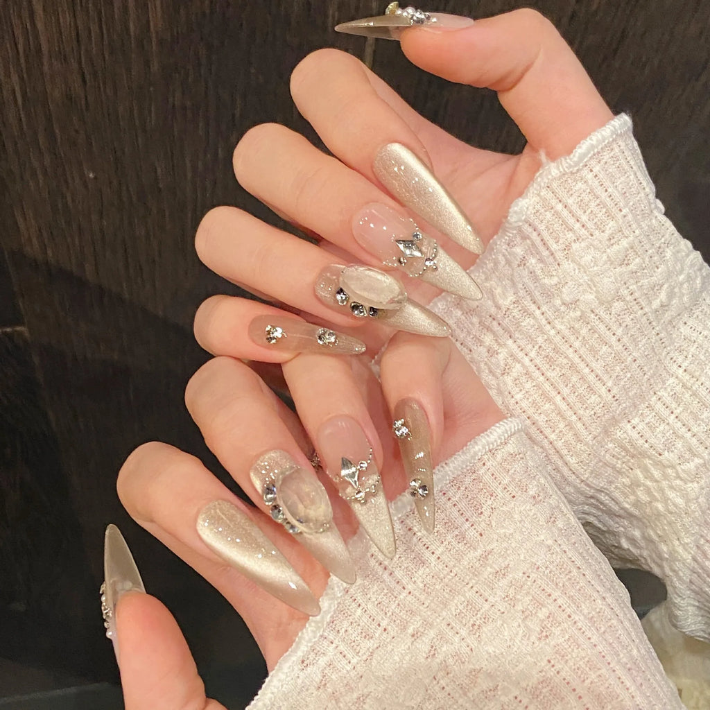 10pcs Nude Color Handmade Press On Nails Glossy Dimoand Champagne Color French False Nails Luxury Almond Simple Fake Nail Tips
