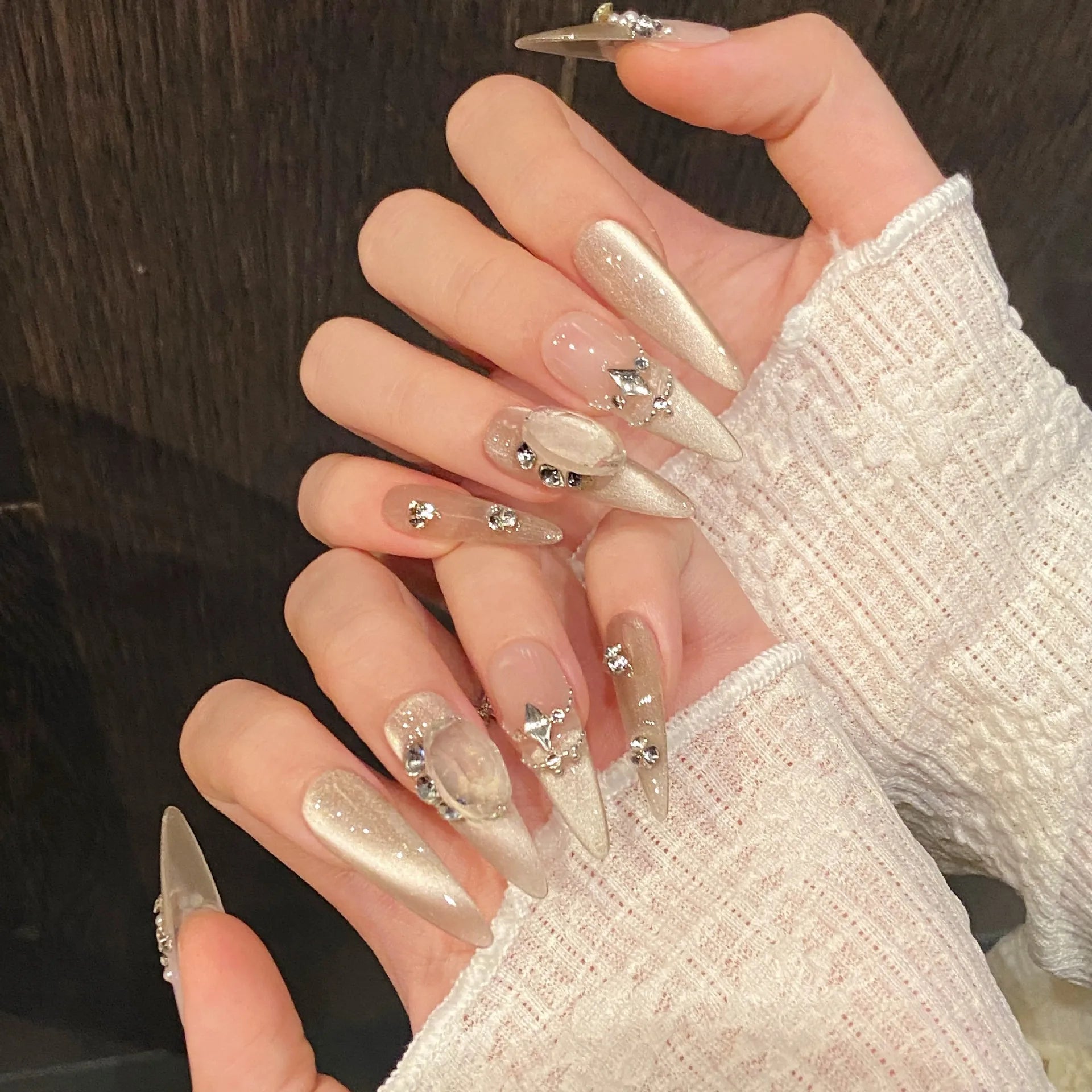 10pcs Nude Color Handmade Press On Nails Glossy Dimoand Champagne Color French False Nails Luxury Almond Simple Fake Nail Tips