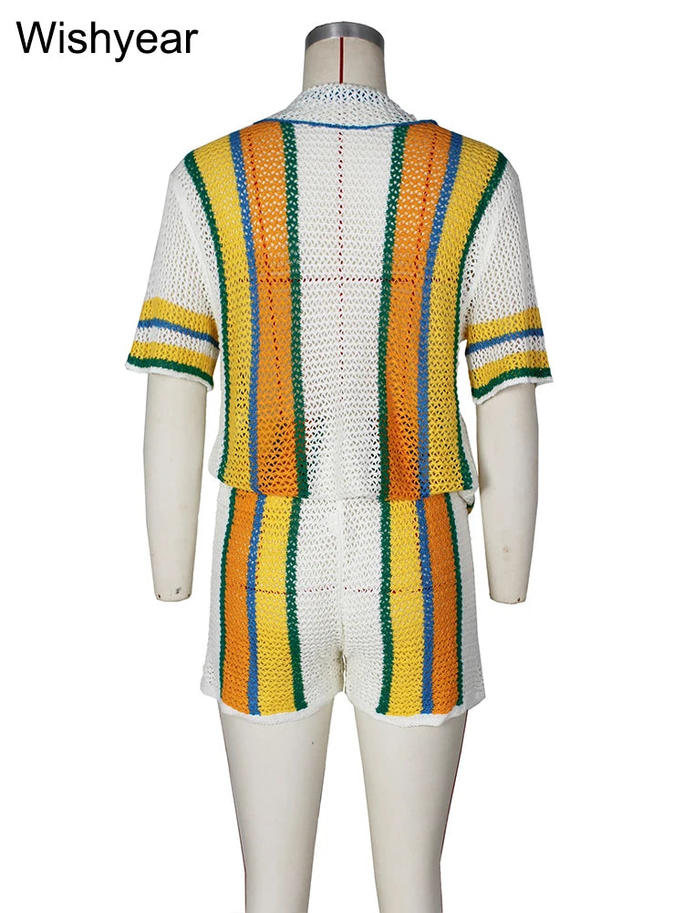 Sexy Colorful Striped Patchwork Knitting Two Piece Pants Set Women Short Sleeve Top and Shorts Fashion Beach Sweater Club Outfit