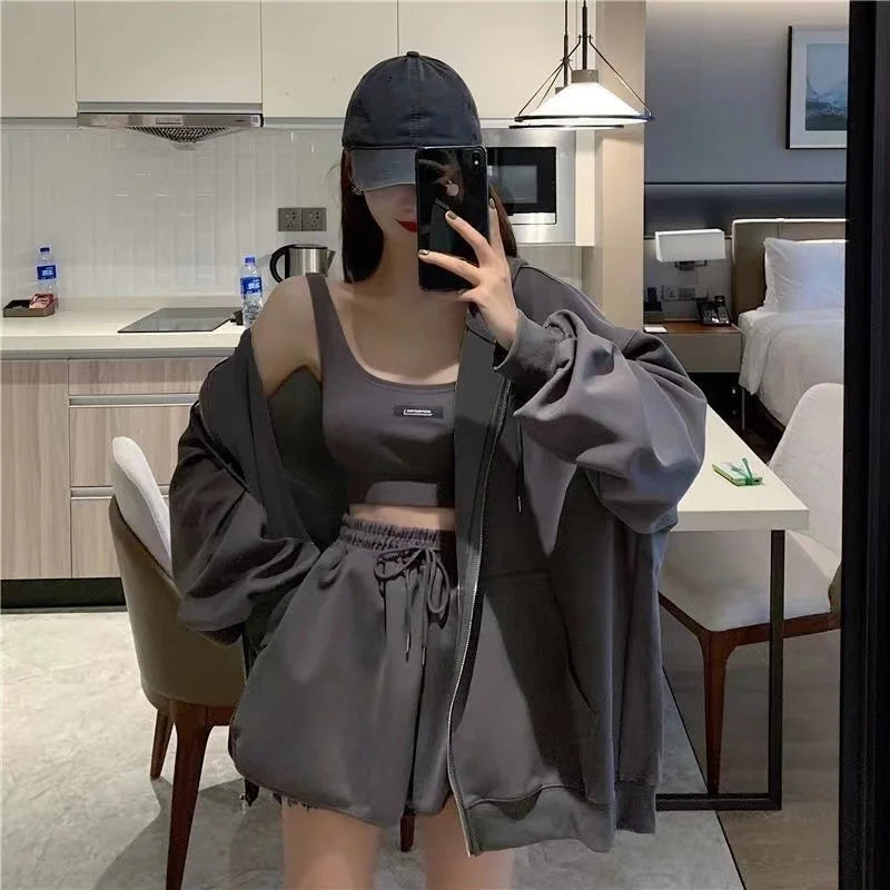 Shorts Three 3 Piece Sets Women Casual Vest Drawstring Short Hooded Zipper Jacket Sportswear Suits Y2k Streetwear Sports Hoodies