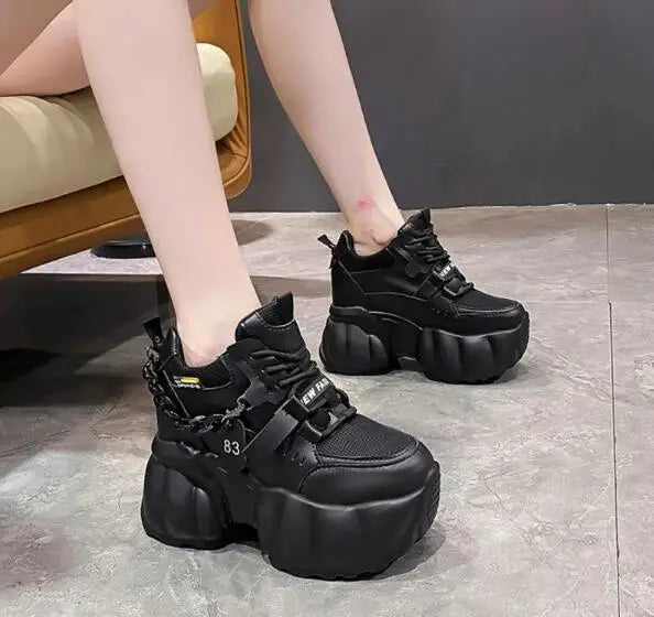 NEW Breathable Mesh 10CM Chunky Sneakers for Women Non Slip High Platform Sports Dad Shoes Woman Lace Up Thick Sole Casual Shoes