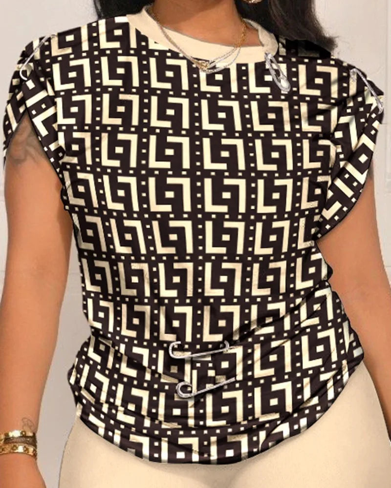 Women Leisure Pin Digital Printing Set O Neck Short Sleeve T-shirt And Shorts 2 Pieces Sets Summer Top + Short Pant 2 PCS Suits