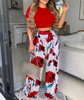 Summer Casual Fashion Two-piece Set Female Solid Short Sleeve O-Neck Tops & Floral Print Wide Leg Pants Outfits Women's Clothing