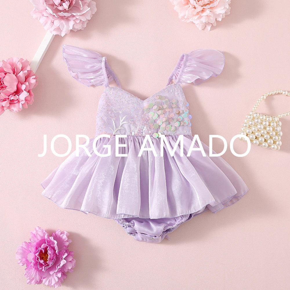 New Summer Bodysuit for Baby Girl Square Collar Sequined Large Bow Sleeveless Princess Jumpsuit Newborn Sweet Romper H1518