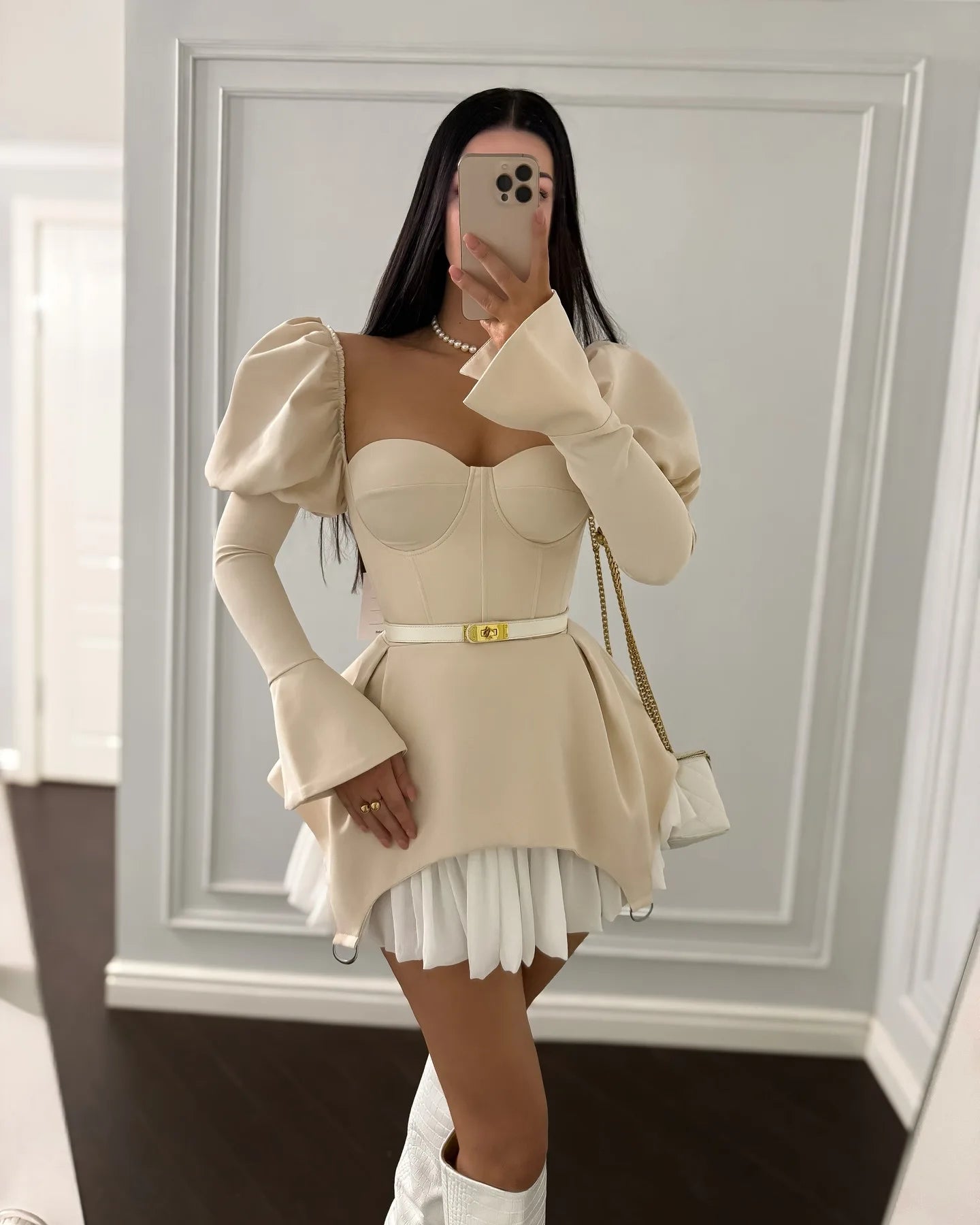 Dress Women Sexy Mini Dresses Irregular Folds Patchwork Puff Sleeve Square Collar Above Knee 2025 Summer Party A Line Vestidos