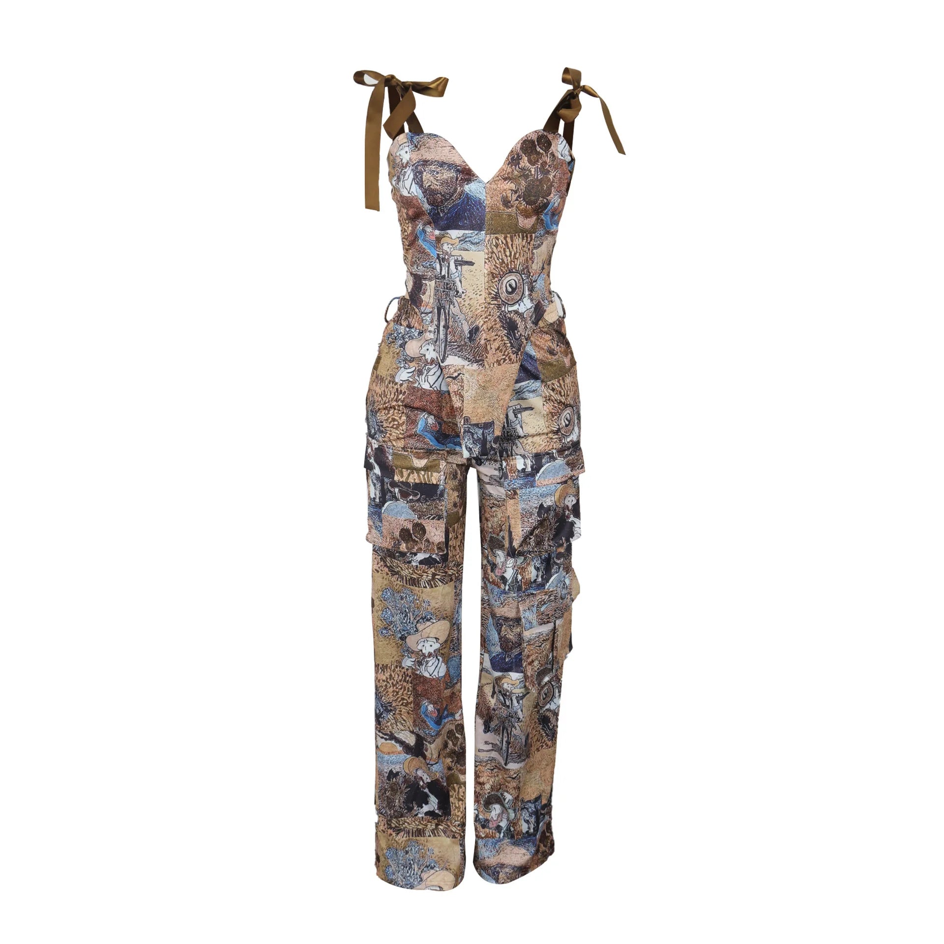 2 Piece Sets Women Print Top Straight Pants Suit Multiple Pockets Strapless Floor Length Trousers Ensemble 2025 Sexy Outfits