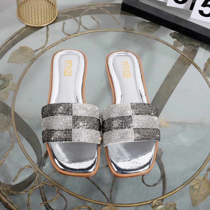luxurious slippers 2025 rhinestone square toe fashion wear sandals  elegant flat bottom women's slippers black ladies shoes