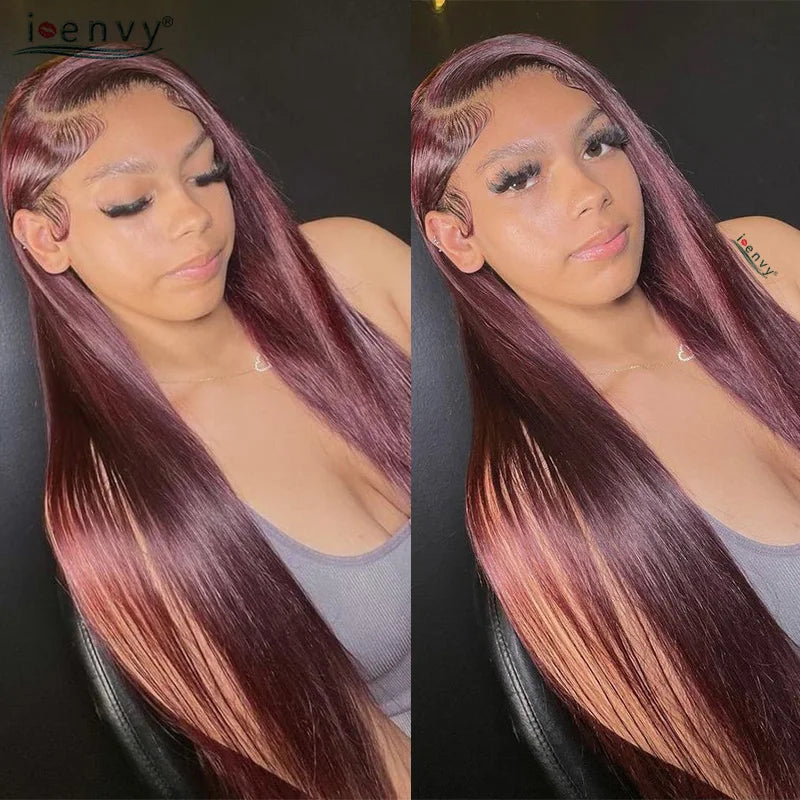 99J Red Colored Lace Front Human Hair Wigs Silky Straight 13X4 13X6 Burgundy Hd Transparent Pre Plucked Lace Frontal Wigs 180%