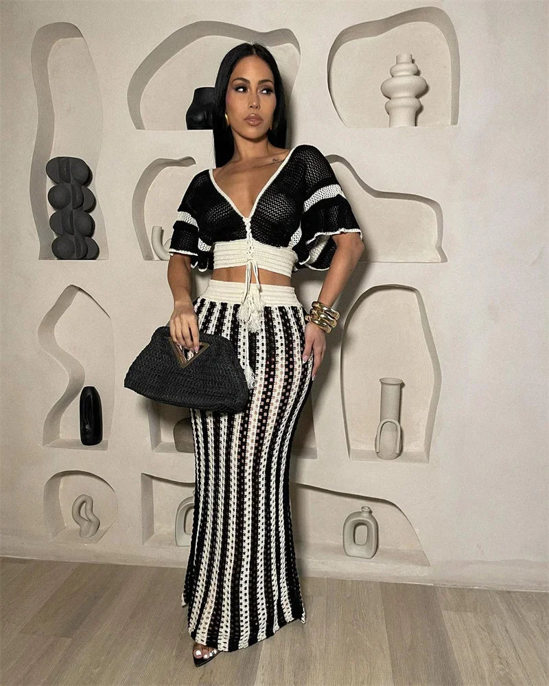 Striped Knitted Two Piece Set Women Outfit Y2K Clothes Clubwear Party Hollow Out V-neck Crop Top and Long Skirt Maxi Dress Sets