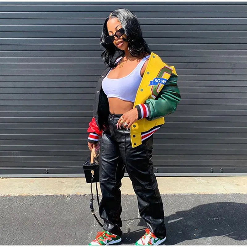 Women Patchwork Contrast Color Letter Embroidery Jackets 2025 Fashion Single Breasted Coat Female Full Sleeve Streetwear XS-4XL