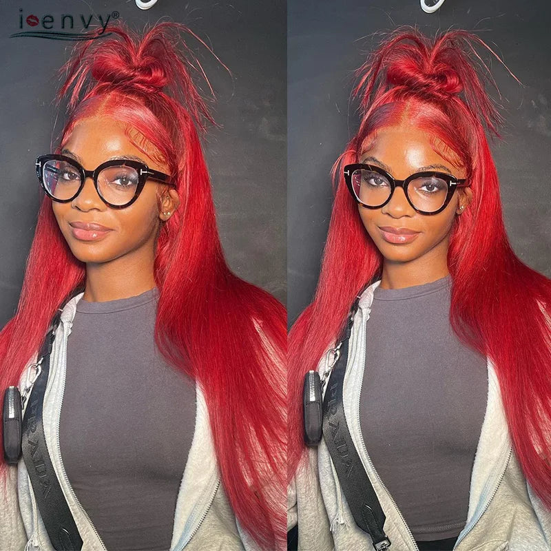 99J Red Colored Lace Front Human Hair Wigs Silky Straight 13X4 13X6 Burgundy Hd Transparent Pre Plucked Lace Frontal Wigs 180%