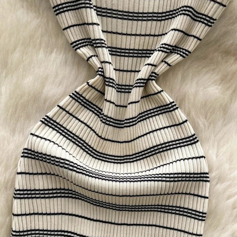 Summer Women Sexy Sleeveless Off Shoulder Sundress Knitted Camisole Dress Metal Star Hit Striped Short Bodycon Wrap Dress