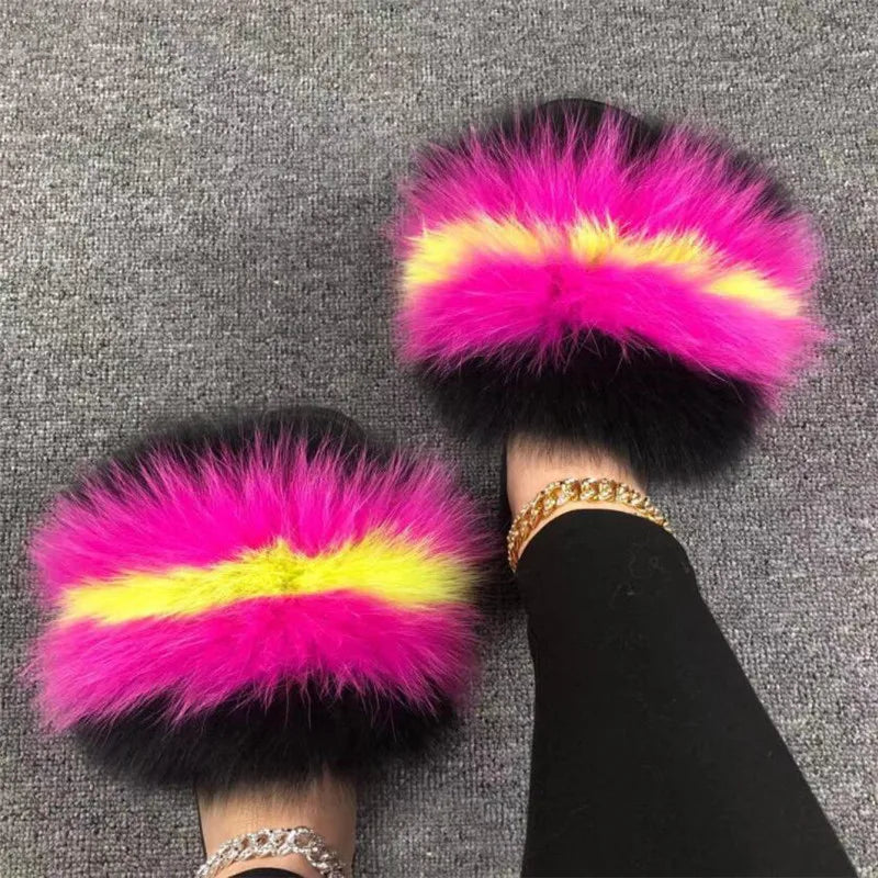 Women Summer Real Fox Fur Slippers Colorful Real Fur Slippers Flat Bottomed Anti Slip Fur Ladies Shoes Outdoor Designer Shoes
