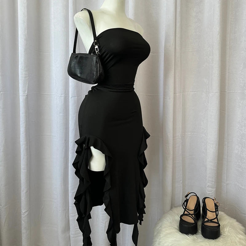 Sexy Strapless Tube Long Dress Summer Women Sleeveless Backless Irregular Layered Ruffled Tassels Skirt Y2K Fashion Slim Dresses