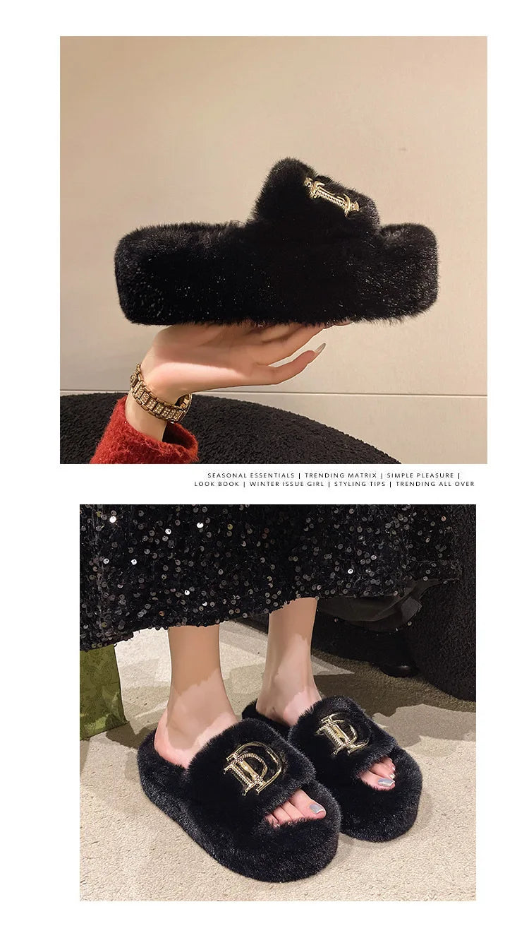 Autumn/Winter 2024 Women's letter metal buckle new fur slippers thick soled outerwear fashionable home new product slippers