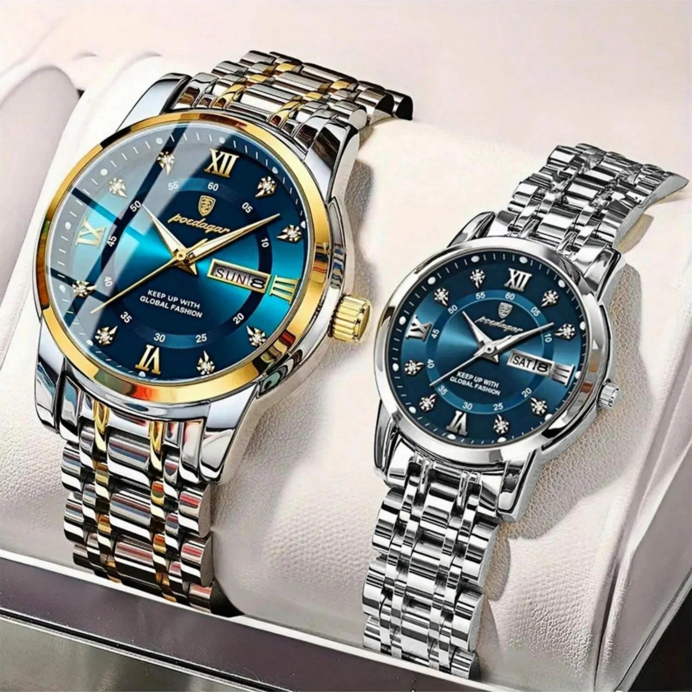 Couple business watch, wedding souvenir, dual calendar function, luminous and water-resistant stainless steel quartz watch
