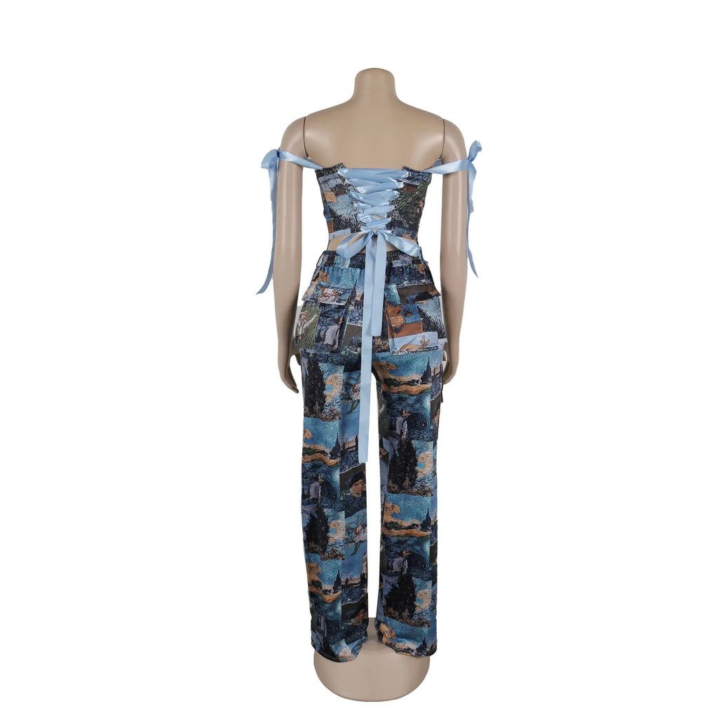 Two Pieces Women Pant Sets Print Matching Set Drawstring Pockets Sleeveless Top Elastic Waist Pants Slim Fit Casual 2026 Spring