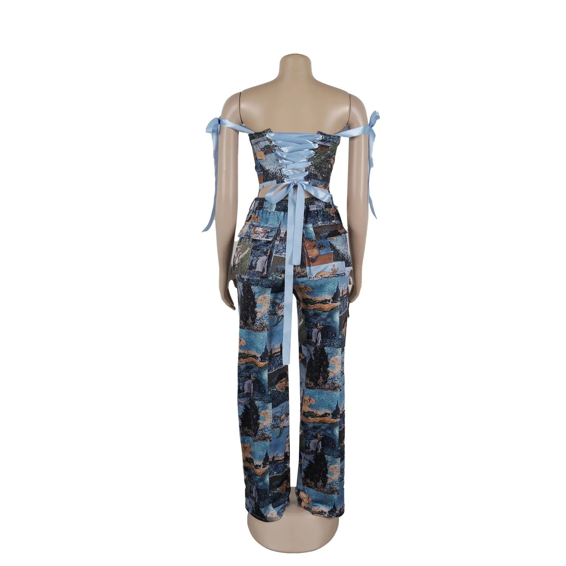 Two Pieces Women Pant Sets Print Matching Set Drawstring Pockets Sleeveless Top Elastic Waist Pants Slim Fit Casual 2026 Spring