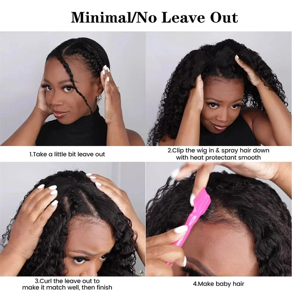 Curly Wigs V Part Human Hair Wigs for Black Women Water Wave Wigs Glueless V Shape Wigs Beginner Friendly In Natural Color