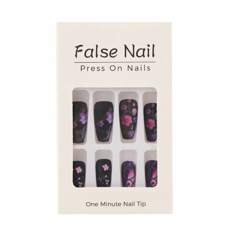 24PCS Dark Luxury Purple Floral Press on Nails with Square European Hand Painted Vintage Cherry Blossoms Artistic False Nails 네일