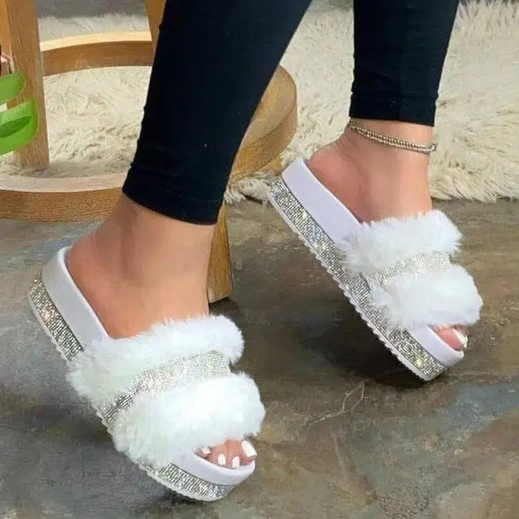 2026 Women's New Thick Bottom Water Diamond Hairy Slippers for Women's Autumn and Winter Flat Bottom Large Anti slip Slippers