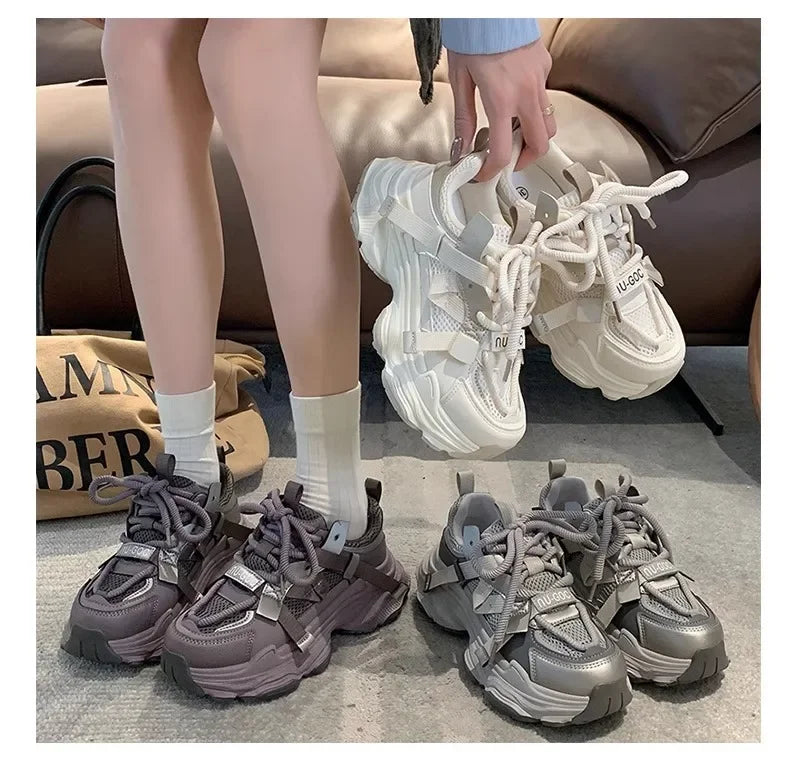 Women's Chunky Sneakers  Breathable Mesh Platform Sports Shoes Woman Fashion Lace Up Thick Sole Casual Shoes Mujer 2024