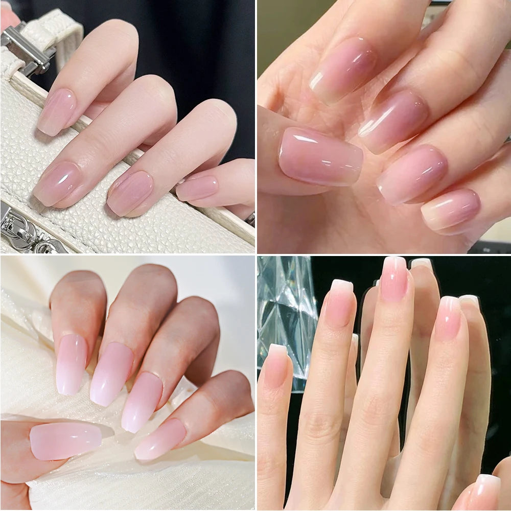 120pcs Pink Ombre Medium Coffin Press On Nails Glossy Handmade Acrylic Fake Nails Tips Gradient Design Artificial False Nails