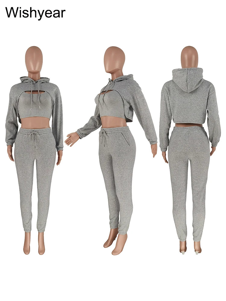 Tracksuit 3 Pieces Pants Sets for Women Velvet Hoodie Crop Tops+Vest+Sweatpants Matching Suit Sport Jogger Winter Fall Outfits