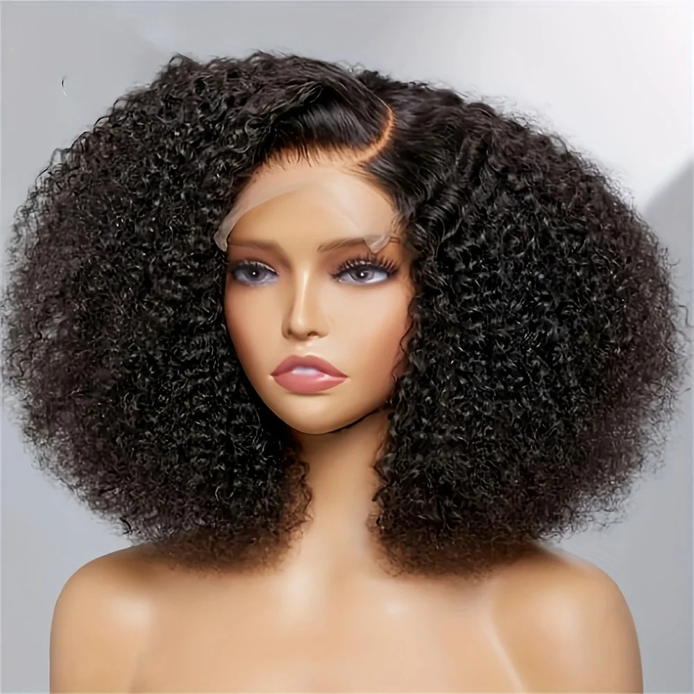Short Bob Black 13*4*1  16 Inch 180Density Glueless Synthetic Kinky Curly 13x4 Lace Front Wig For Women Babyhair PrePlucked