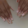 24pcs French Bow Press on Nails Extra Long Coffin Pink Sweet Nails Tips Love Pearl Diamond Fake Nail Square Ballet False Nail